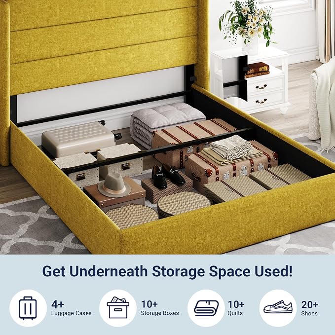 Allewie Full Size Lift Up Hydraulic Storage Bed Frame Olive Yellow | Modern Wingback Headboard, Hydraulic Support Storage, No Box Spring Needed