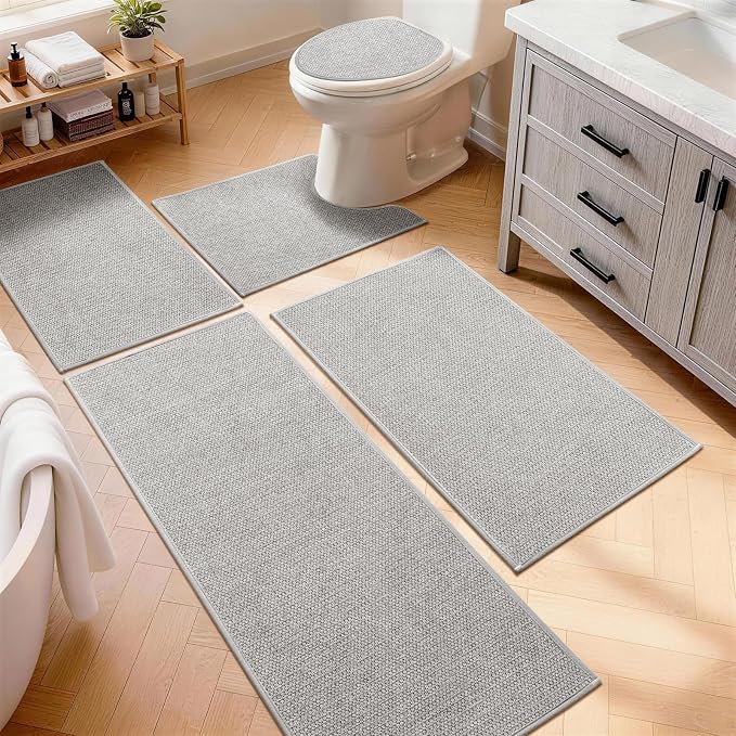 YIHOUSE Gray Bathroom Rugs Sets 5 Piece, Quick Dry Thin Bath Mat with Toilet Rug - Non Slip Absorbent Machine Washable - Bath Runner Rugs for Bathtub Sink Home Decor