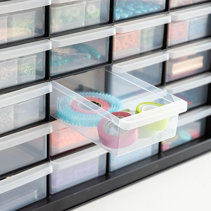 IRIS USA 24-Drawer Plastic Storage Organizer, Made in USA, Teacher Toolbox, Multi Drawer Cabinet For Garage Tools Beads Balloons Building Bricks Crafts Stickers Small Business Scrapbook Art, Black