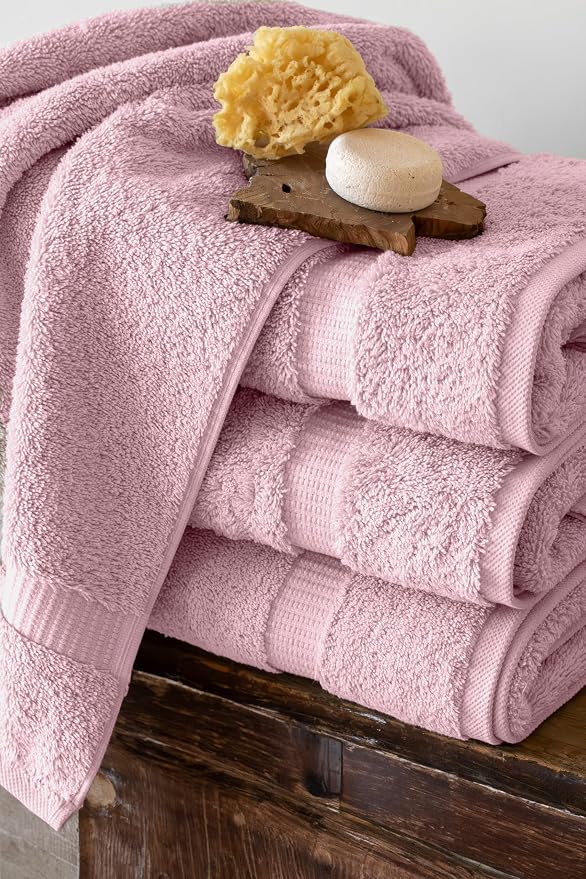 SALBAKOS 4-Piece 100% Turkish Cotton Bath Towels, 27x54 inch, Rose | Standard Size, 630 Gsm Thick Super Soft Highly Absorbent Quick-Dry Bathroom Towel, Premium Hotel & Spa Quality Made in Turkey