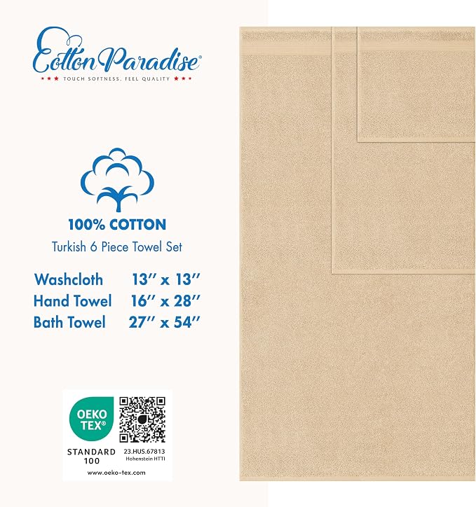 Cotton Paradise 100% Cotton Turkish Towel Set, Soft Absorbent Quick Dry, 6 Piece Towel Set, Beige