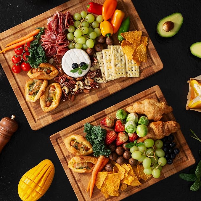 2 Pack Wooden Cutting Boards for Kitchen Bamboo Chopping Boards Non Toxic | Heavy Duty, End Grain, Non Slip, Cutting Board Set, Multiple Size, Solid Thick, Butcher Block, Wood Charcuterie Board