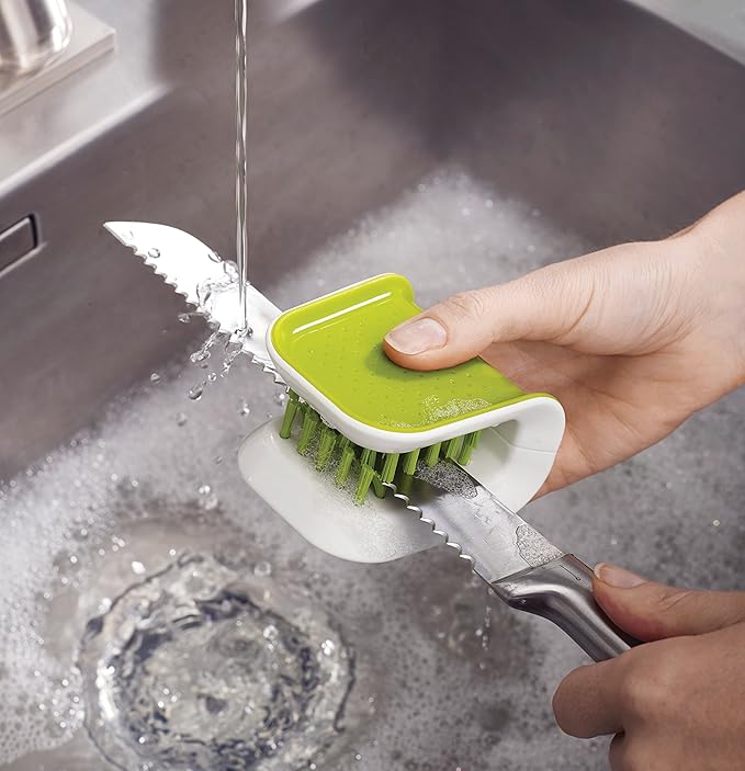 Joseph Joseph 85055 Wash & Drain Wash Basin Dishpan, White & BladeBrush Knife and Cutlery Cleaner Brush Bristle Scrub Kitchen Washing Non-Slip, One Size, Green