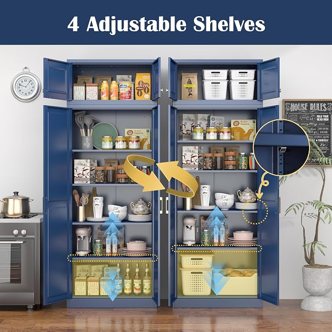 Steeloong 86"Metal Pantry Storage Cabinet with Doors & 4 Adjustable Shelves | Kitchen Pantry Cabinet,Blue Kitchen Cabinet with 4 Gold Handles,Tall Cabinet for Livingroom,Pantry, Bathroom,Kitchen,Garage