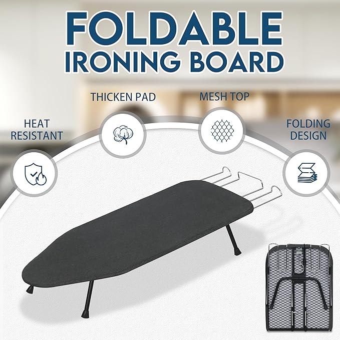 LOFTEY Small Tabletop Ironing Board, Foldable Compact Ironing Board with Iron Rest, Portable Mini Iron Boards with Heat Resistant Cover and 8mm Cotton Pad, 31.5" x 11.8", Black