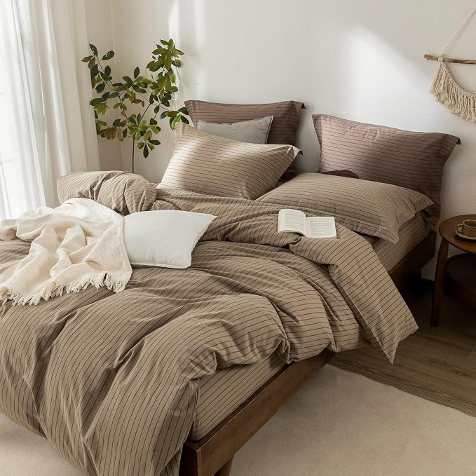 Stripe Duvet Cover King Size 104inch x 90inch,100% Washed Cotton Pinstripe Duvet Cover with Zipper Closure and 2 Pillowcases, Color of Light Camel-Black Stripe