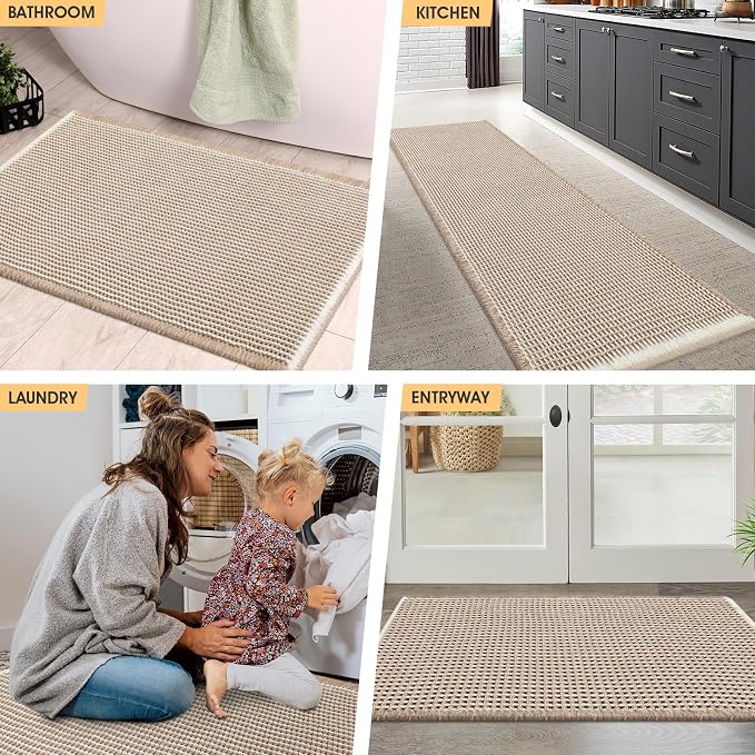 IM HOME Waffle Bath Mat Set 3 Piece Brown & Cream,Woven Modern Bath Rug Mats, Absorbent Non Slip Bath Floor Mat, Soft Washable Boho Bath Rugs with Tassels for Bathroom, Bedroom, Kitchen, Tub