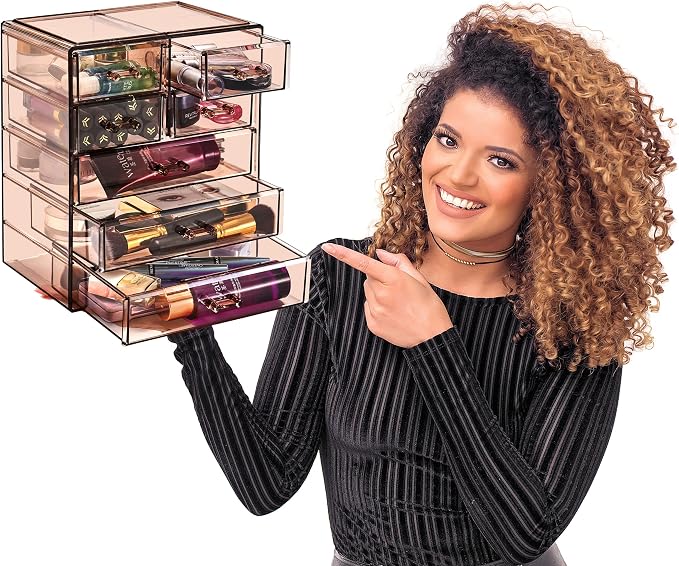 Sorbus Acrylic Makeup Organizer Set, 7-Drawer Vanity & Countertop Cosmetic Storage with Small & Wide Drawers, Bronze Glow Makeup Storage for Brushes, Lipsticks, Jewelry, Holiday Gift for Women & Teens