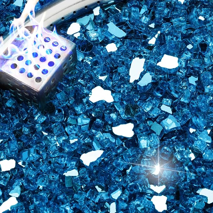 NUPICK 5 Pound Fire Glass, 1/4 Inch Reflective Fire Pit Glass | Fire Pit Rocks for Propane or Natural Gas, Glass Rocks for Fire Pit Table, Fireplace, Fire Bowl, Pacific Blue Reflective