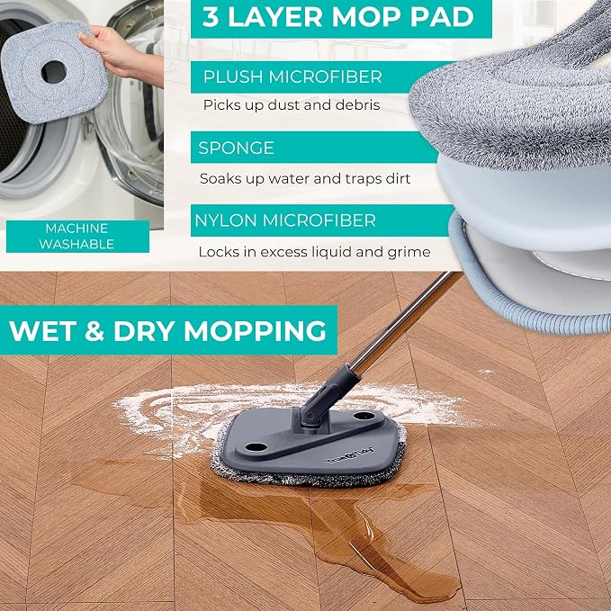 True & Tidy True Clean Spin Mop & Bucket System – Dual Compartment Design for Clean & Dirty Water, 360° Swivel Mop Head, Built-in Scrubbing Brush, Stainless Steel Handle & 2 Reusable Microfiber Pads