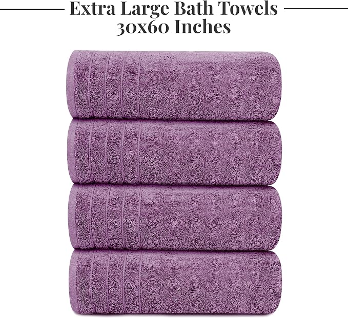 Tens Towels 4 Piece Extra Large Bath Towels 30 x 60 Inches, Purple | 100% Cotton, Larger & Lighter Weight, Quicker to Dry, Super Soft and Absorbent, Perfect for Bathroom