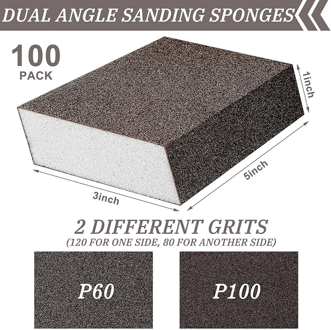 Gisafai 100 Pcs Dual Angle Sanding Sponge Bulk, 60/100 Grit Double Sided Reusable Washable Sponge Sandpaper Block for Drywall, Wood, Metal, Glass, Med/fine