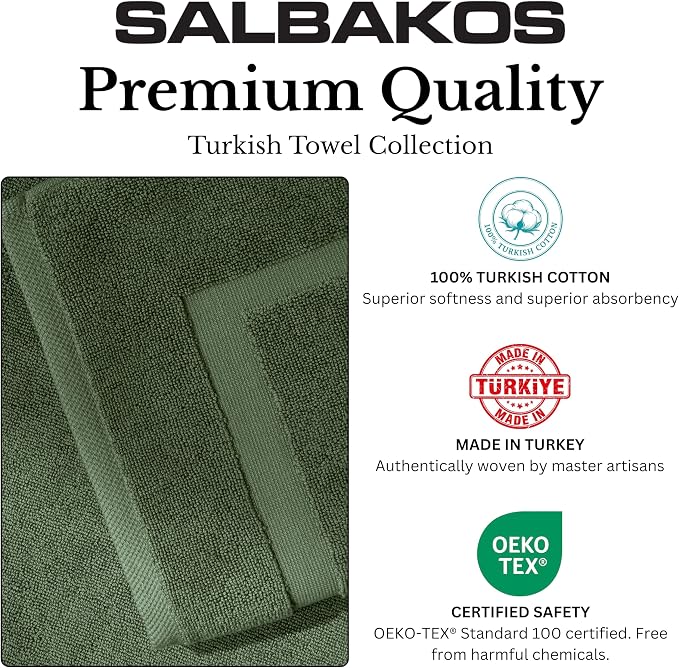 SALBAKOS 2-Piece 100% Turkish Cotton Bath Mat Towel, 20x34 inch, Green | Bathroom Floor Towels, Thick Soft Most Absorbent Quick-Dry Durable Large Size Foot Rug, Premium Hotel Quality Made in Turkey