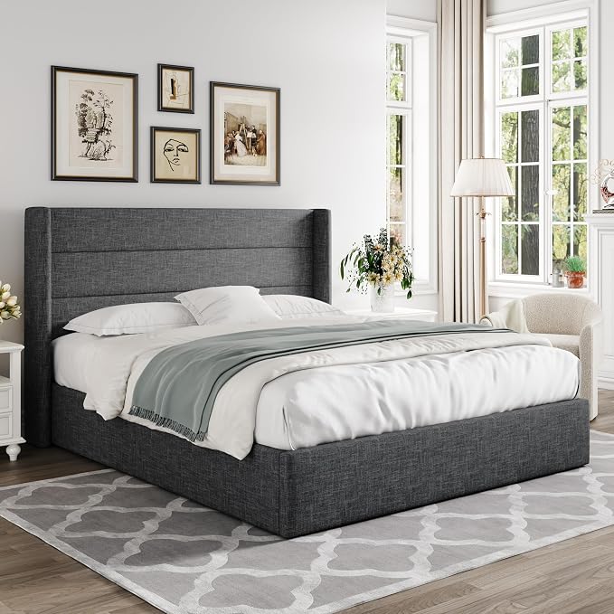 Allewie Queen Size Lift Up Hydraulic Storage Bed Frame Dark Grey | Modern Wingback Headboard, Hydraulic Support Storage, No Box Spring Needed