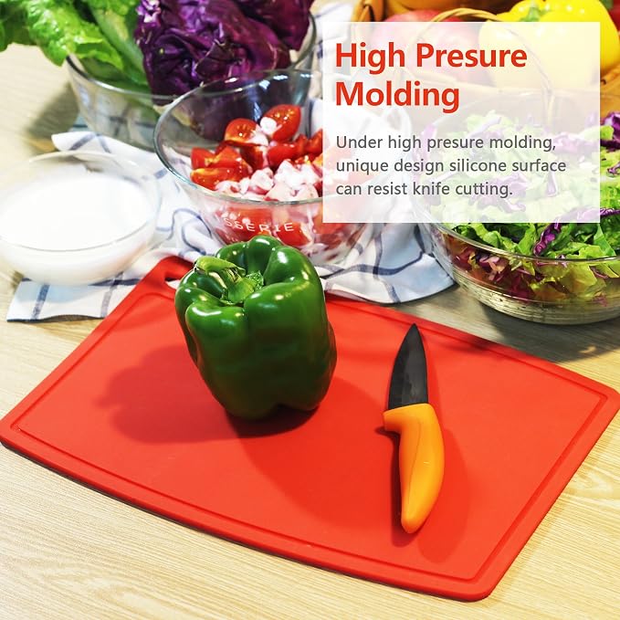 Thick Cutting Boards for Kitchen Silicone Chopping Board Set of 2 Mid 12.6'' x 9.1”,Mini 9.1”x7.1” Non-slip Deep Drip Juice Groove Easy Grip Handle,Dishwasher Safe-Red