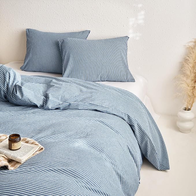 Wake In Cloud - Striped Cotton Duvet Cover Set, 100% Washed Cotton Textured Bedding Set, Ticking Stripe Pinstripe Farmhouse, 3 Pieces, Denim Blue, King Size