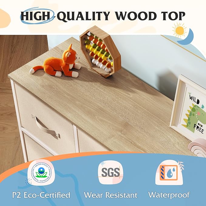 WLIVE 9 Drawer Dresser, Fabric Storage Tower for Bedroom, Hallway, Closet, Tall Chest Organizer Unit for Bedroom with Fabric Bins, Steel Frame, Wood Top, Easy Pull Handle, Cream White