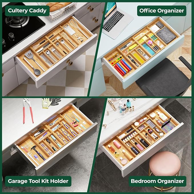 Large Silverware Organizer, 12 Slots Magnetic Connected Expandable Bamboo Utensil Drawer Organizer From 21 to 37.4 Inches, Adjustable Flatware and Cutlery Holder, Utensil Tray for Kitchen Natural