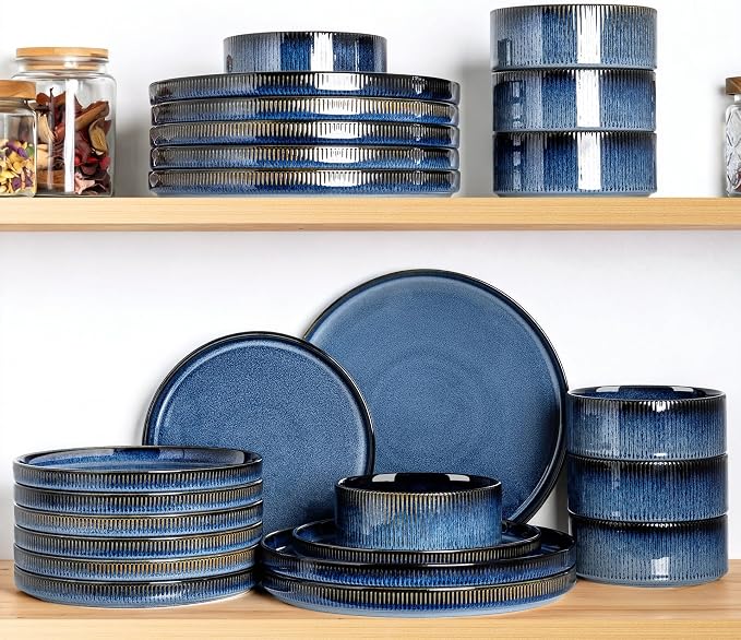 TheTerra Ceramic Dinnerware Sets for 8, 24 Pieces Porcelain Lightweight Plates and Bowls Sets, Scratch Resistant Dish Set, Oven & Microwave & Dishwasher Safe, Starry Blue