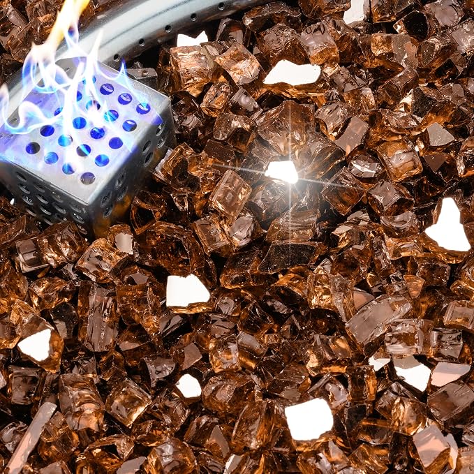 NUPICK 5 Pound Fire Glass, 1/2 Inch Reflective Fire Pit Glass | Tempered Fire Pit Rocks for Propane or Natural Gas, Glass Rocks for Fire Pit Table, Fireplace, Fire Bowl, Landscaping, Copper