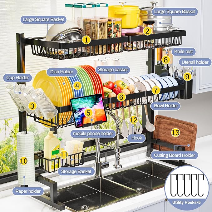 ADBIU Over The Sink Dish Drying Rack (Expandable Height and Length) Snap-On Design 2 Tier Large Dish Rack 31-39.4L x 12W x 34-38H inches
