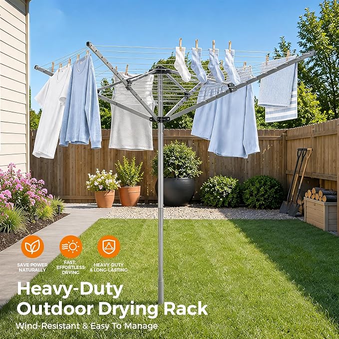 131FT Outdoor Umbrella Clothes Drying Rack | 131FT Metal Drying Rack Clothing, 4-Arm 360°Rotary, Collapsible Clothesline for Lawn Garden Backyard, 67.52" Height