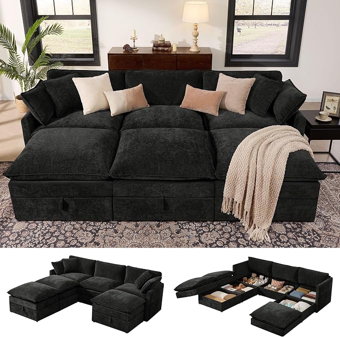 Ihanherry Oversized Sectional Sofa Bed with Storage, 103" 6-Seater Modular Cloud Couch with Movable Ottomans, Chenille Deep Seat Sleeper Couches for Living Room (Black)