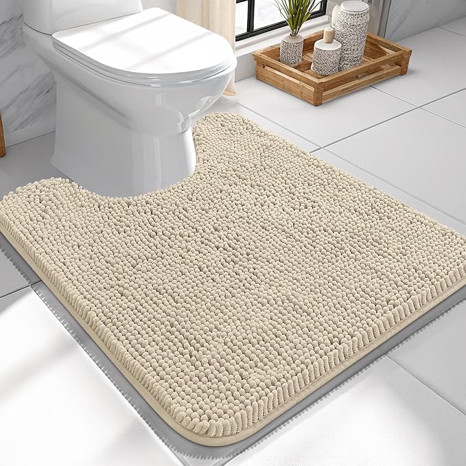 OLANLY Toilet Rugs U-Shaped 24x24, Extra Soft Absorbent Chenille Contour Bathroom Rugs for Toilet, Dry Quickly, Machine Washable, Non-Slip Bath Mat, Sand