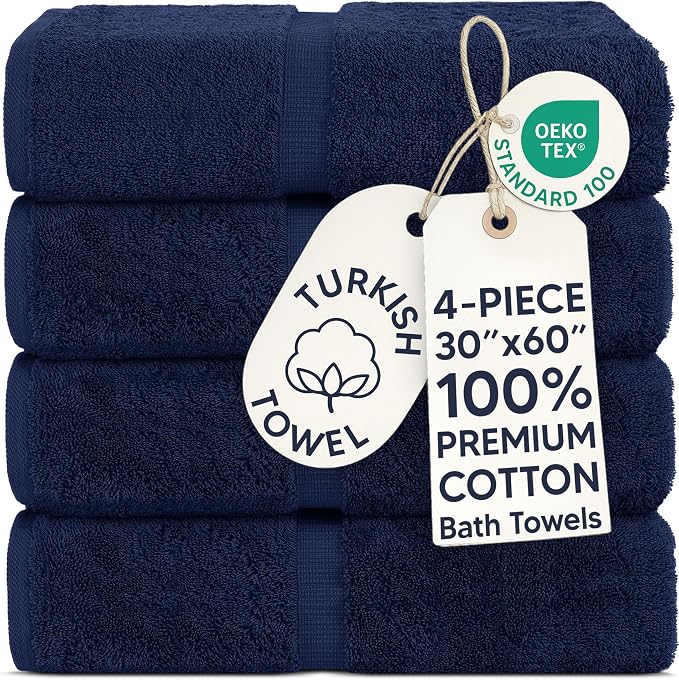 Chakir Turkish Linens 100% Cotton Premium Turkish Towels for Bathroom | 30'' x 60'' Large Bath Towels (4 Piece, Navy)