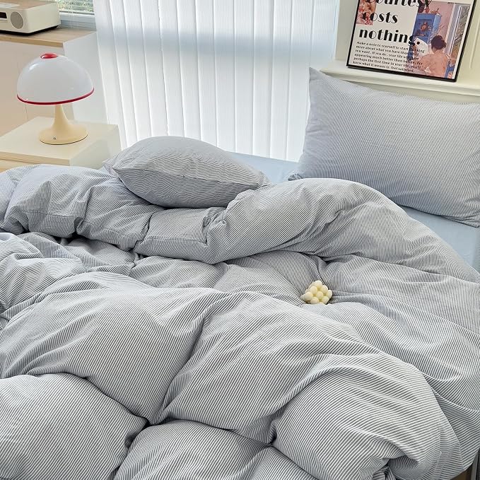 mixinni Striped Duvet Cover Set- 100% Washed Cotton Blue Comforter Cover with White Pinstripe Stripes Pattern Printed Bedding Set with Zipper Closure, 3 Pieces,Full Size
