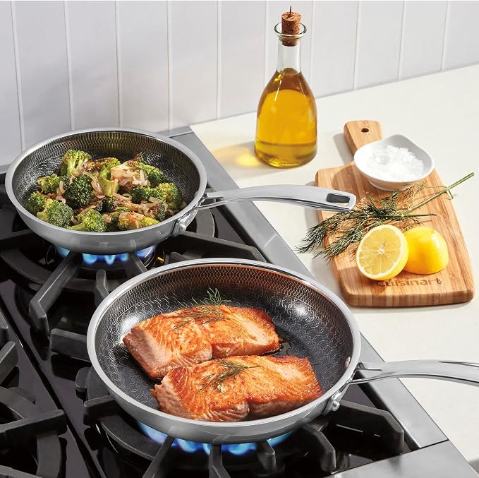 Cuisinart FusionPlus Hybrid Stainless Steel 2-Pc Skillet Cooking Set, 8 Inch and 10 Inch Open Skillets, PURELYSEAR Hybrid Searing Surface, Oven Safe, Cool Grip, Induction Compatible