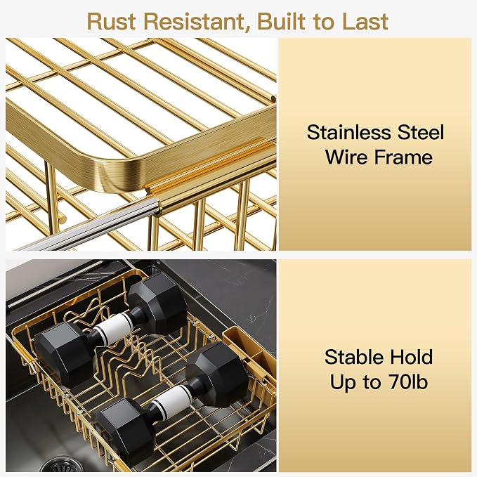 JASIWAY Gold Dish Drying Rack Over the Sink with Utensil Holder | Expandable Stainless Steel Dish Driainers for Small Kitchen, Counter Space Saving, Fast Drain, Rust Resistant, For Apartment