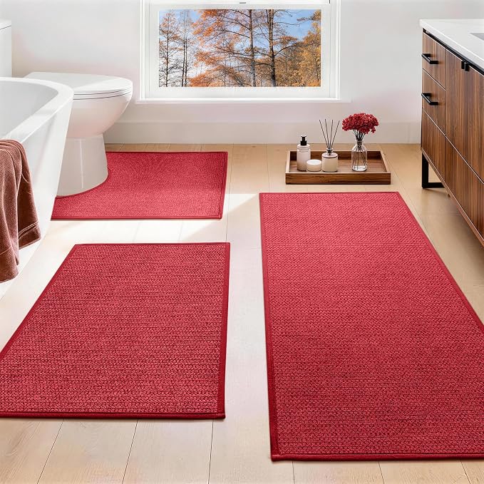 YIHOUSE Red Bathroom Rugs Sets 3 Piece, Quick Dry Thin Bath Mat with Toilet Rug, Non Slip Absorbent Machine Washable, Bath Runner Rugs for Bathtub Sink Home Decor