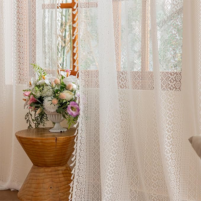 Sutuo Home White Boho Lace Curtains 96 inches Long for Living Room Dining Room, Vintage Tassels Semi Sheer Curtains Farmhouse Privacy Cream Rustic Victorian Style Rod Pocket Decor, 2 Panels 50" W