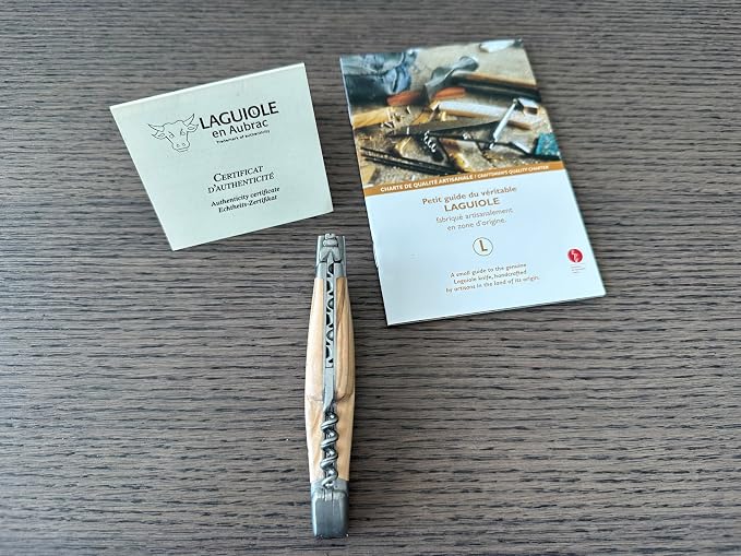 Laguiole en Aubrac Handcrafted Luxury Folding Pocket Steak Knife with Corkscrew, 4.75-in (12 cm), Olive Wood Handle, Brushed Bolsters