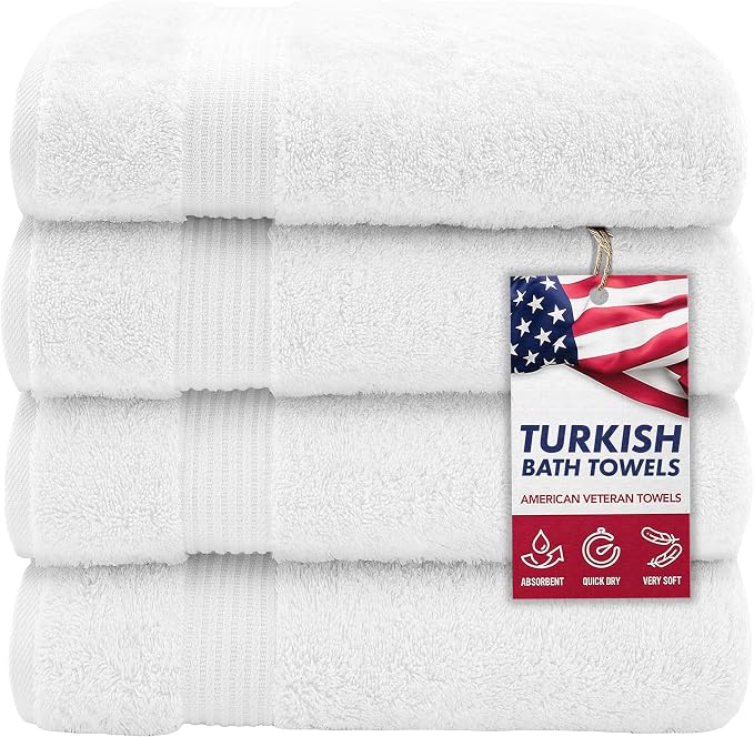 American Veteran Towel, 100% Cotton Turkish Bath Towels for Bathroom 4 Pack, 27x54 Extra Large Premium Soft Drying Bathroom Towels, White