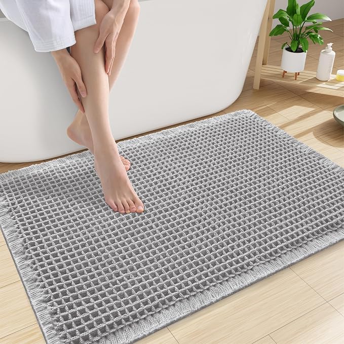 Smiry Waffle Bath Mat 30x20, Extra Soft Absorbent Bathroom Rugs, Non Slip Machine Washable Quick Dry Bath Rugs for Bathroom Floor, Tub, Shower, Home Decor Accessories, Light Grey
