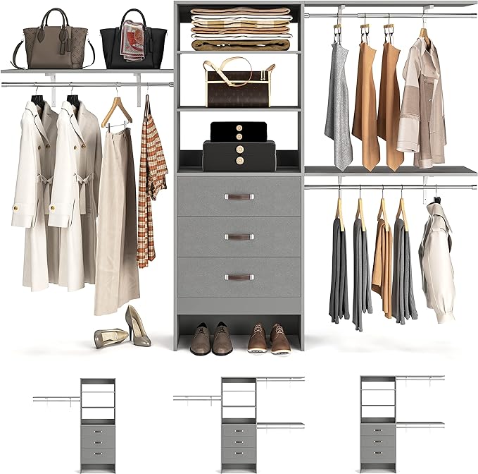 Armocity 96" Wood Closet System with 3 Enclosed Drawers & 3 Solid Shelves, 8FT Adjustable Closet Organizers and Storage, Heavy Duty Modular Wardrobe for Reach-In & Walk-In, 1000 LBS Load, Grey