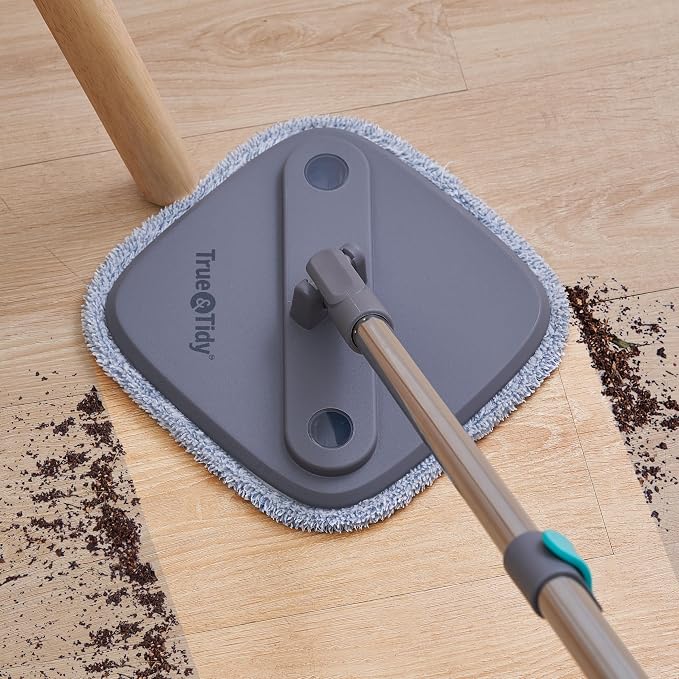 Spin Mop and Bucket with Separate Compartments for Clean and Dirty Water NEW 2025 Upgraded Version w/Side Brush and Self Standing Handle, Smart Square Mop w/ 2 Machine Washable Microfiber Pads, Gray