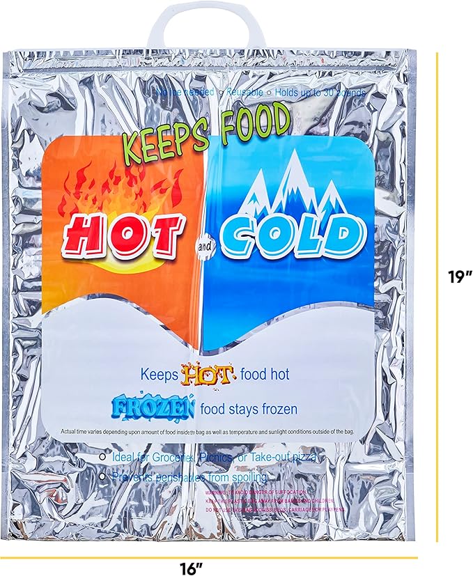 Superio Hot and Cold Insulated Bags for Food Delivery, Grocery Shopping Bags, Food Storage for Hot and Frozen Food for Travel, Disposable Cooler Bag, Reinforced Thermal Lunch Bag (1, 16"x5.5"x19")