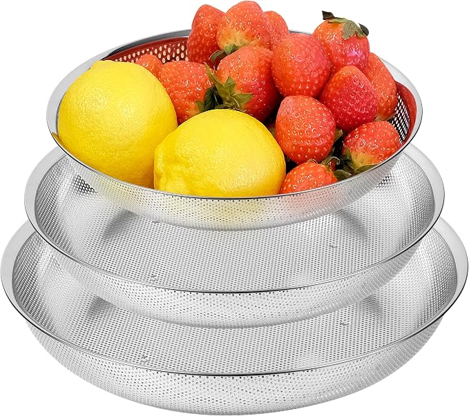Shallow Stainless Steel Colander Set of 3 – Micro-Perforated Tray Strainers for Berries Vegetables Fruit, 18/8 304 Low Profile (2, 3, 4 Qt) Self-Draining Base, Dishwasher Safe, Made in Korea