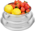 Shallow Stainless Steel Colander Set of 3 – Micro-Perforated Tray Strainers for Berries Vegetables Fruit, 18/8 304 Low Profile (2, 3, 4 Qt) Self-Draining Base, Dishwasher Safe, Made in Korea