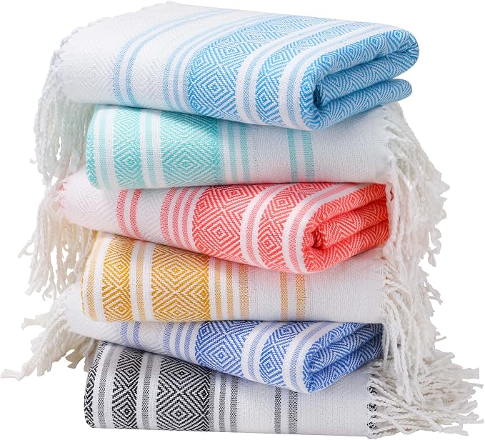 Genovega 6 Packs Oversized Turkish Beach Towel 74"x38" Thin Quick Dry Sand Free Pool Swim Towels Large XL Adult Clearance Blanket Travel Vacation Accessories Essentials Multi Browny Yellow Rhombus