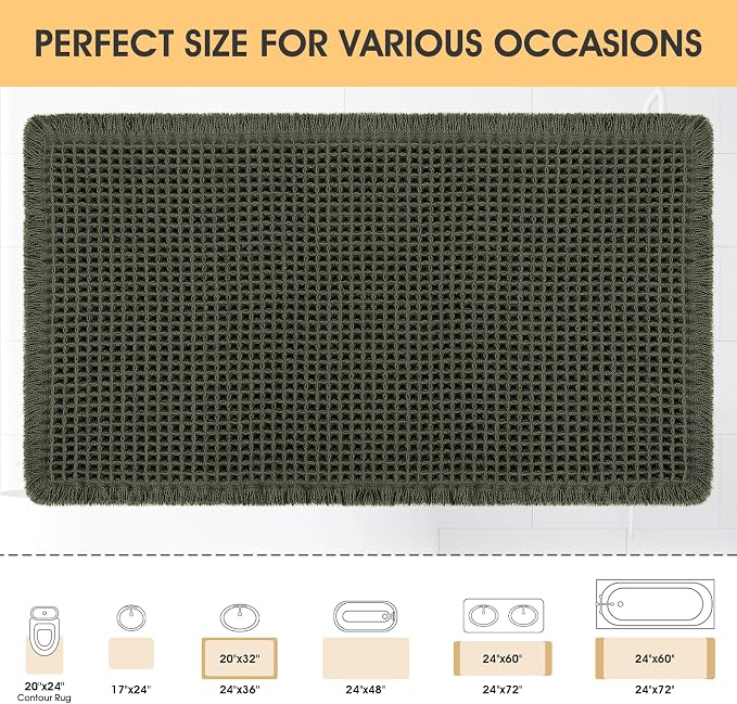 IM HOME Waffle Bath Mat Dark Green 32"x20", Boho Woven Modern Bath Mat Rugs, Absorbent Non Slip Bathroom Rugs, Soft Washable Bath Rugs with Tassels for Bedroom, Kitchen, Shower, Tub