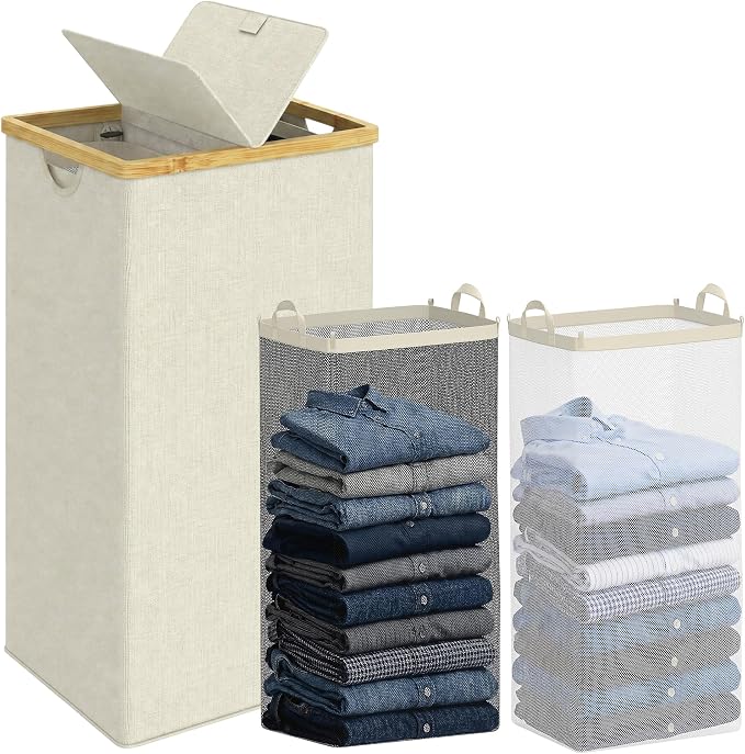 efluky Laundry Hamper with Lid, Double Laundry Basket with 2 Removable Bags, 2 Section Laundry Bin with Bamboo Handles for Bathroom, Bedroom & Laundry Room, 115L (30.4 Gallon) Beige
