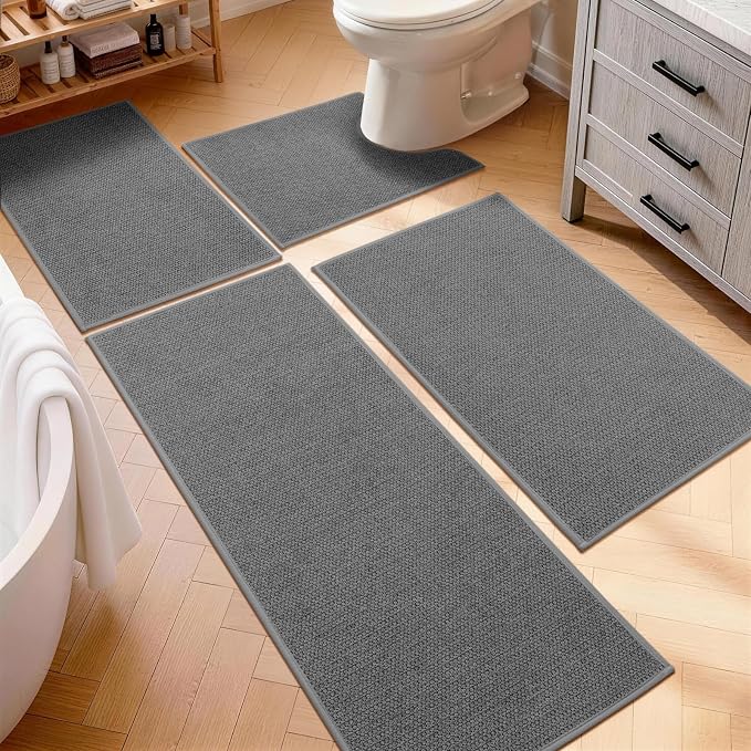 YIHOUSE Dark Gray Bathroom Rugs Sets 4 Piece, Quick Dry Thin Bath Mat with Toilet Rug, Non Slip Absorbent Machine Washable, Bath Runner Rugs for Bathtub Sink Home Decor
