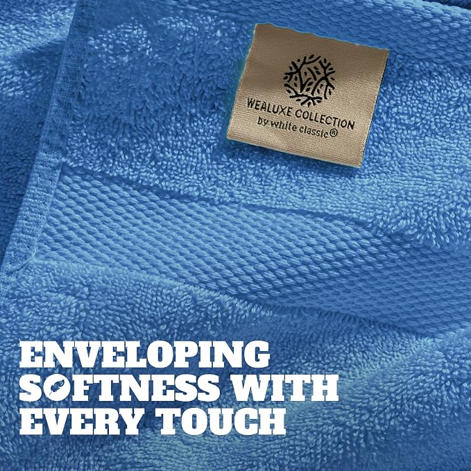White Classic Wealuxe Light Blue Washcloths 24 Pack - 600 GSM 100% Ring-Spun Cotton Wash Cloths for Showering, Highly Absorbent and Soft | 12x12 Inches