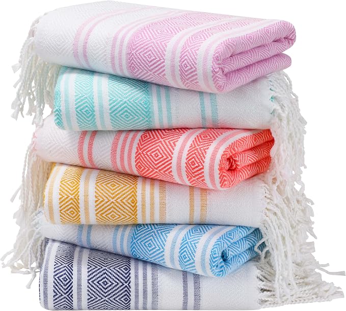 Genovega 6 Packs Oversized Turkish Beach Towel 74"x38" Thin Quick Dry Sand Free Pool Swim Towels Large XL Adult Clearance Blanket Travel Vacation Accessories Essentials Multi Dark Blue Rhombus