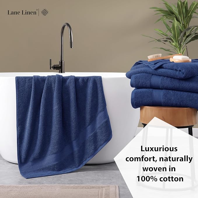 LANE LINEN Towel Set for Bathroom 4 Piece Soft Absorbent Quick Dry - Navy | Towels And Washcloths Sets - Oversized & Roomy, Lightweight & Breathable, Fade-Resistant Color, Classic Terry Weave