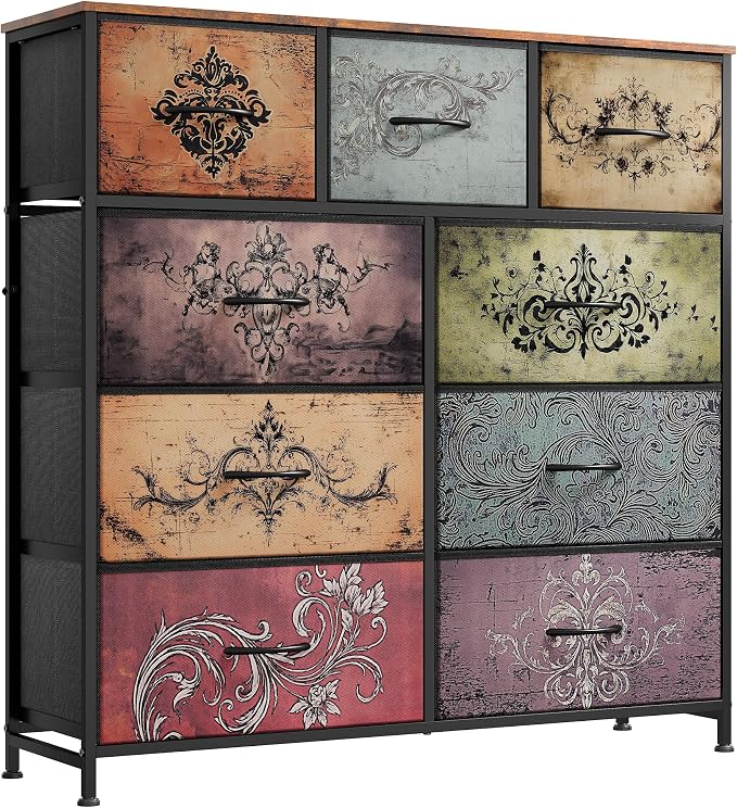 WLIVE 9 Drawer Dresser, Fabric Storage Tower for Bedroom, Hallway, Closet, Tall Chest Organizer Unit for Bedroom with Fabric Bins, Steel Frame, Wood Top, Easy Pull Handle, Pattern